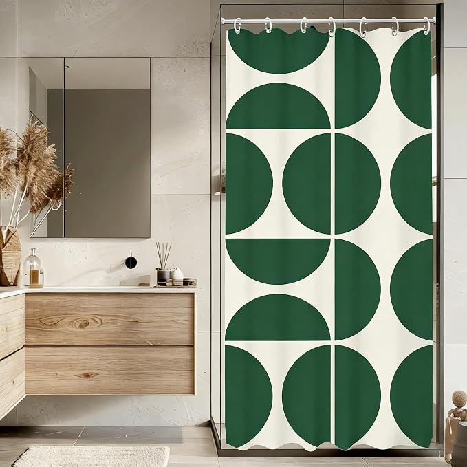 Green Mid Century Modern Shower Curtain, Boho Abstract Geometric Retro Art Bath Curtains for Bathroom, Colorful Unique Pattern Waterproof Polyester Fabric Bathroom Set 12 Hooks 36X72IN
