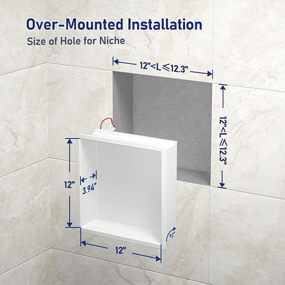 Stainless Steel Shower Niche 12" X 12" White with RGB Light No Tile Needed Recessed Wall Led Shower Niche for Bathroom Storage Waterproof Hardwired Dimmable Over Mount Installation