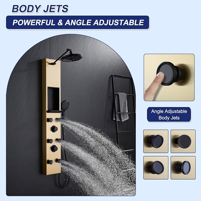 ROVATE Shower Panel Tower with Shelf & Adjustable Shower Arm, Brushed Gold | Stainless Steel Shower Column with 6 Adjustable Body Jets, Self-Cleaning Rainfall Shower Head & Flexible Handheld, Wall Mount