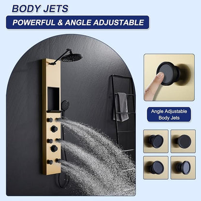 ROVATE Shower Panel Tower with Shelf & Adjustable Shower Arm, Brushed Gold | Stainless Steel Shower Column with 6 Adjustable Body Jets, Self-Cleaning Rainfall Shower Head & Flexible Handheld, Wall Mount