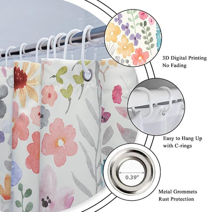 Extra Long Colorful Cute Floral Flowers Plants Bathroom Shower Curtain Set | 72"W x 96"H Botanical Girls; waterproof HD print, quick-dry fabric with 12 hooks for easy hanging.