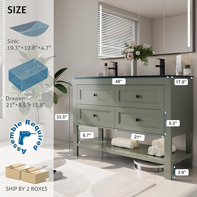 eclife 48" Bathroom Vanity with Sink Combo, Modern Painted Vanities Cabinet with Big Drawers, Opening Bottom Shelf, Raised Foot Pads, Include Undermount Black Sink, Faucet & Drain, Green