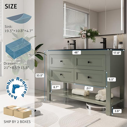 eclife 48" Bathroom Vanity with Sink Combo, Modern Painted Vanities Cabinet with Big Drawers, Opening Bottom Shelf, Raised Foot Pads, Include Undermount Black Sink, Faucet & Drain, Green