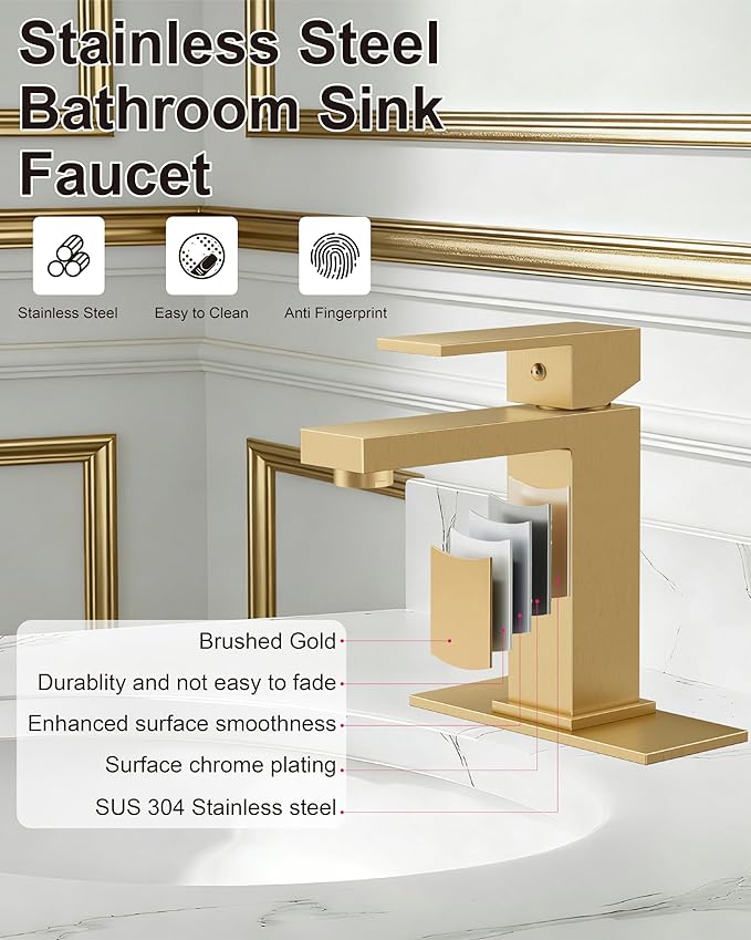 Midanya Bathroom Faucets 1 Hole, Single Handle Stainless Steel Bathroom Sink Faucet, Modern Vanity Faucets with Deck Plate,Water Supply Hoses and Pop Up Drain,Brushed Gold