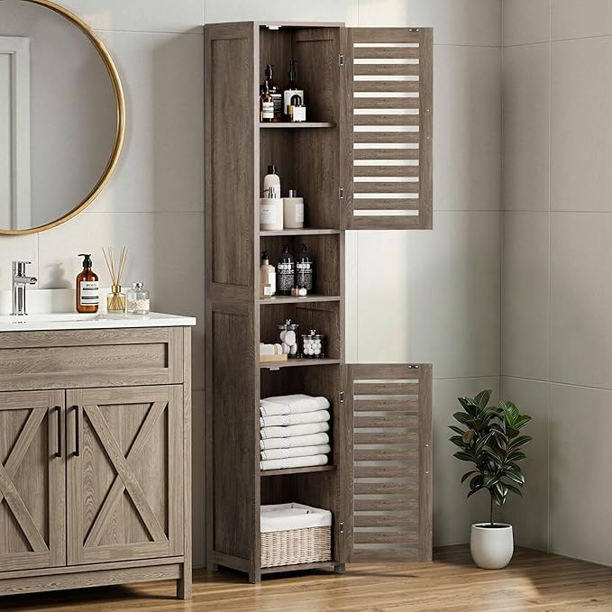 VECELO Tall Bathroom Cabinet with 2 Doors, 67" H Narrow Storage Unit with Adjustable Shelves for Small Spaces, Living Room, Entryway Corners, Greige
