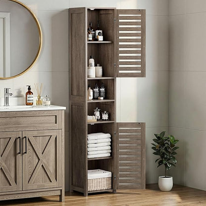 VECELO Tall Bathroom Cabinet with 2 Doors, 67" H Narrow Storage Unit with Adjustable Shelves for Small Spaces, Living Room, Entryway Corners, Greige