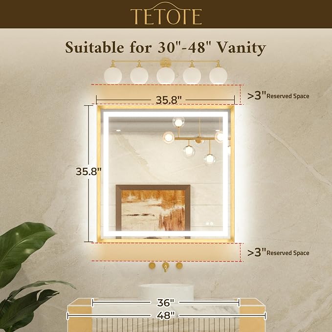 Led Bathroom Mirror 36 x 36 with Brushed Nickel Frame Anti-Fog Frontlit & Backlit Vanity Mirror Stepless Dimmable 3 Colors White/Warm/Natural Wall-Mounted