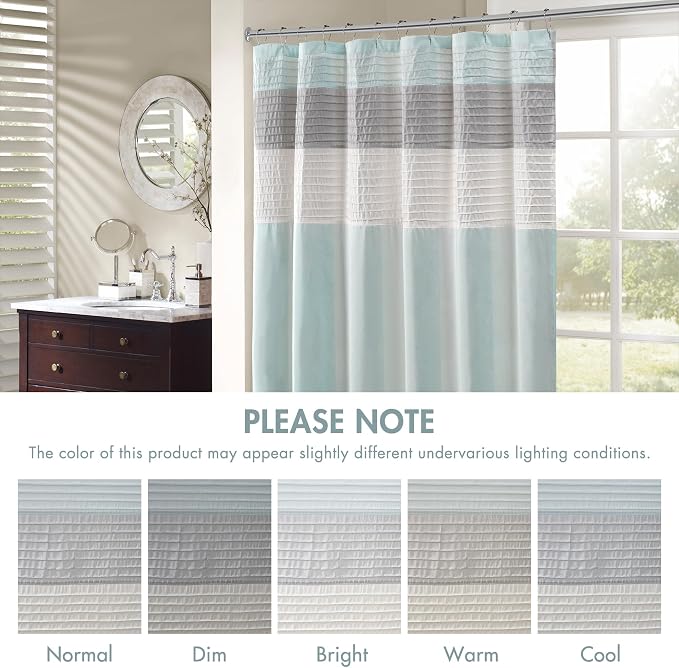 Madison Park Amherst 72 x 72 Bathroom Shower Curtain, Faux Silk, Aqua | Modern Classic, Light Sheen, Pieced, Striped, Microfiber, Machine Washable, OEKO-TEX Certified, Amherst