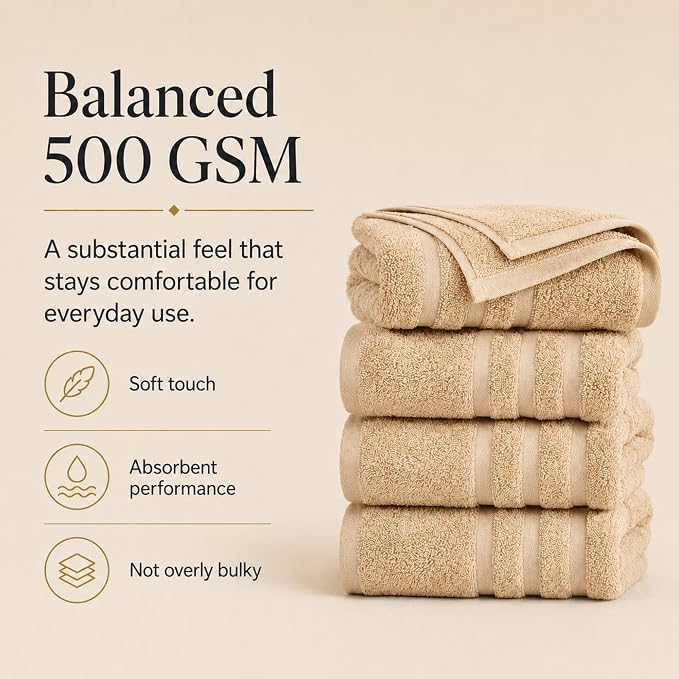 Velqora Bath Towels, 4 Pack, 30x60 in, 100% Cotton, Soft & Absorbent, Beige | Balanced Weight | Everyday Comfort | Easy Care