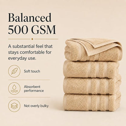 Velqora Bath Towels, 4 Pack, 30x60 in, 100% Cotton, Soft & Absorbent, Beige | Balanced Weight | Everyday Comfort | Easy Care