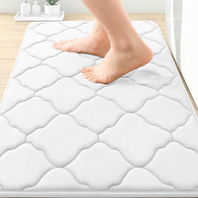 OLANLY Memory Foam Bath Mat Rug 30x20, Ultra Soft and Absorbent Bathroom Rugs, Non-Slip, Comfortable, Machine Washable Bath Carpet for Bathroom Floor, Tub, Shower and Home Decor Accessories, White