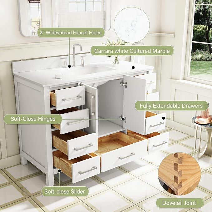 48-Inch Bathroom Vanity with Sink, 2 Soft-Close Doors and 9 Soft-Close Drawers, Bathroom Freestanding Vanity with Cultured Marble Countertop, White Vanity with Brushed Nickel Handles