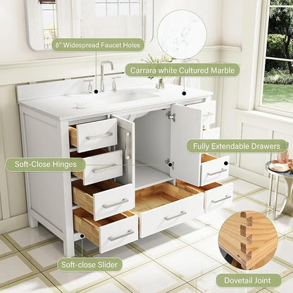 48-Inch Bathroom Vanity with Sink, 2 Soft-Close Doors and 9 Soft-Close Drawers, Bathroom Freestanding Vanity with Cultured Marble Countertop, White Vanity with Brushed Nickel Handles