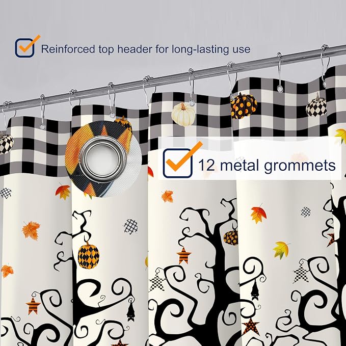 Halloween Shower Curtain Set Pumpkin Tree Leaves Buffalo Plaid Shower Curtains Waterproof Fabric Bath Curtains with 12 Hooks for Fall Halloween Bathroom Decor, 72 x 72 Inches