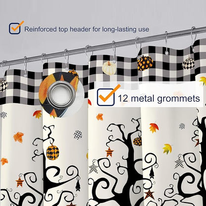 Halloween Shower Curtain Set Pumpkin Tree Leaves Buffalo Plaid Shower Curtains Waterproof Fabric Bath Curtains with 12 Hooks for Fall Halloween Bathroom Decor, 72 x 72 Inches