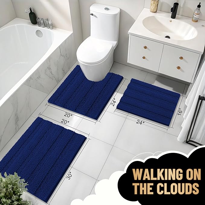 OLANLY Thick Bathroom Runner Rugs 59x24, Soft Chenille Long Bath Rugs, Navy | Absorbent Striped, Rubber Backing, Machine Wash, Bath Mats for Bathroom Floor, Tub and Shower, Home Decor Accessories