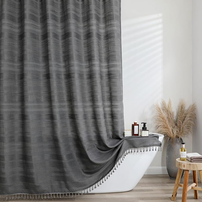 Extra Long Charcoal Grey Shower Curtain 96 Inch Long, Boho Chic Textured Soft Fabric Heavy Duty Cloth Bathroom Shower Curtain with Tassel, Tall Farmhouse Luxury Bath Decor, 72Wx96L Inches