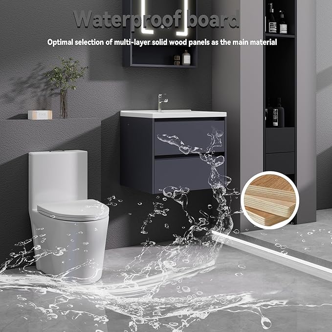 Dark Gray Floating Bathroom Vanity with Sink, 23x18 Inch Wall Mounted Bathroom Cabinet with 2 Drawers, Modern Single Sink Vanity for Small Bathroom, Space-Saving Storage Cabinet