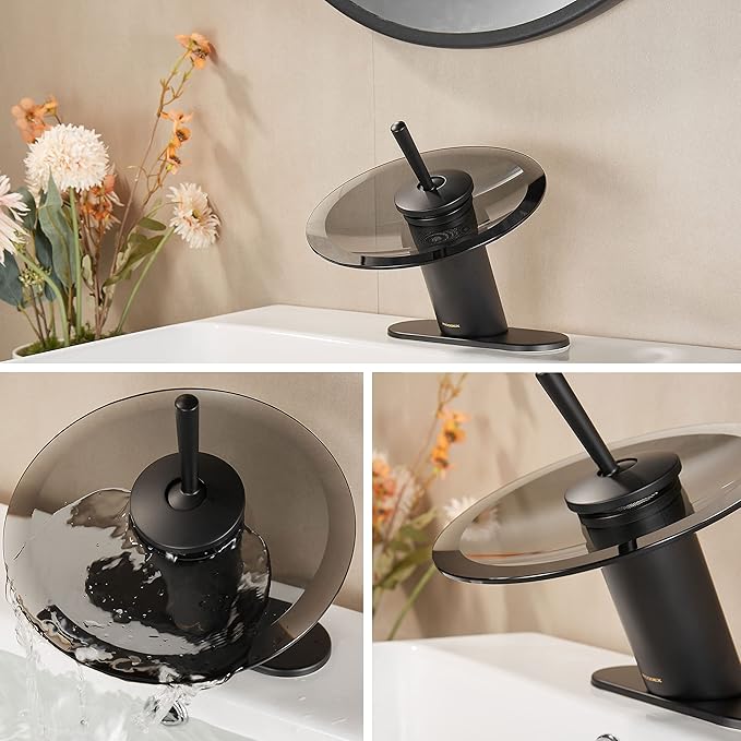 Waterfall Bathroom Sink Faucet Solid Brass Modern Circle Glass Waterfall Faucet for Basin Vanity Single Hole Pedestal Sink Faucets One Handle Corner Sink Bathroom Faucet, Short, Black