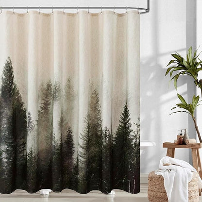 ORTIGIA Dark Green Misty Forest Linen Shower Curtain Nature Mountain Tree Woodland Shower Curtain Set for Bathroom Heavy Blend Fabric Curtains with 10 Metal Hooks 60x72 Inch