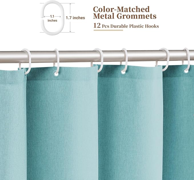 BTTN Boho Scalloped Linen Textured Cloth Shower Curtain Set, 72x84, Teal | Tall Size, 230GSM Waterproof Polyester, Heavy Duty Fabric, 12 Plastic Hooks, Elegant Modern Farmhouse Style, Machine Washable