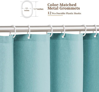 BTTN 72x80 Boho Scalloped Linen Textured Cloth Shower Curtain Set, Teal | Long Size, 230GSM Waterproof Polyester, Heavy Duty Fabric, 12 Plastic Hooks, Elegant Modern Farmhouse Style, Machine Washable