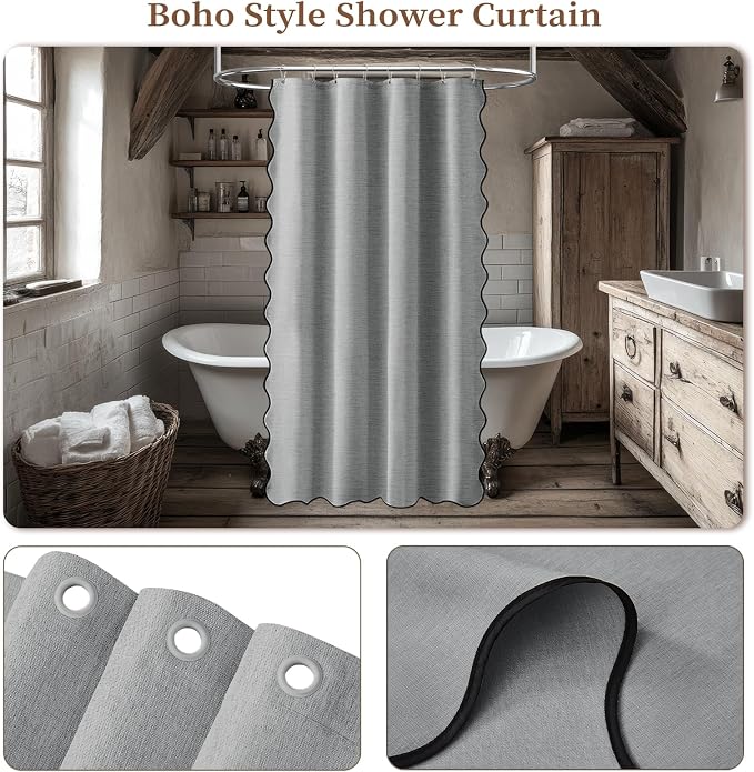 BTTN 48x72 Boho Scalloped Linen Textured Cloth Shower Curtain, Grey/Gray | Stall Size, 230GSM Waterproof Polyester, Heavy Duty Fabric, 8 Plastic Hooks, Elegant Modern Farmhouse Style, Machine Washable