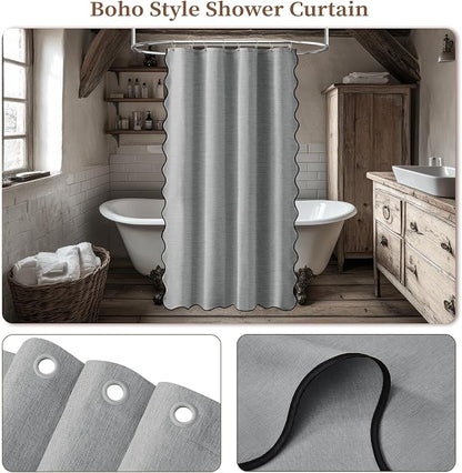 BTTN 48x72 Boho Scalloped Linen Textured Cloth Shower Curtain, Grey/Gray | Stall Size, 230GSM Waterproof Polyester, Heavy Duty Fabric, 8 Plastic Hooks, Elegant Modern Farmhouse Style, Machine Washable