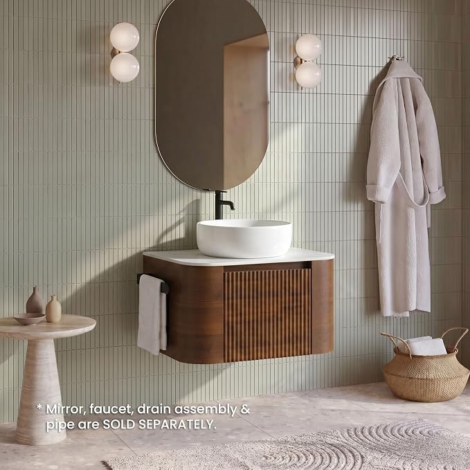 24" Preassembled Floating Bathroom Vanity with Round Sink, Walnut | Mid-Century Modern Style, Fluted & Soft-Close Drawer with U-shaped Wall, Sinterted Stone Countertop, Towel Rack Included