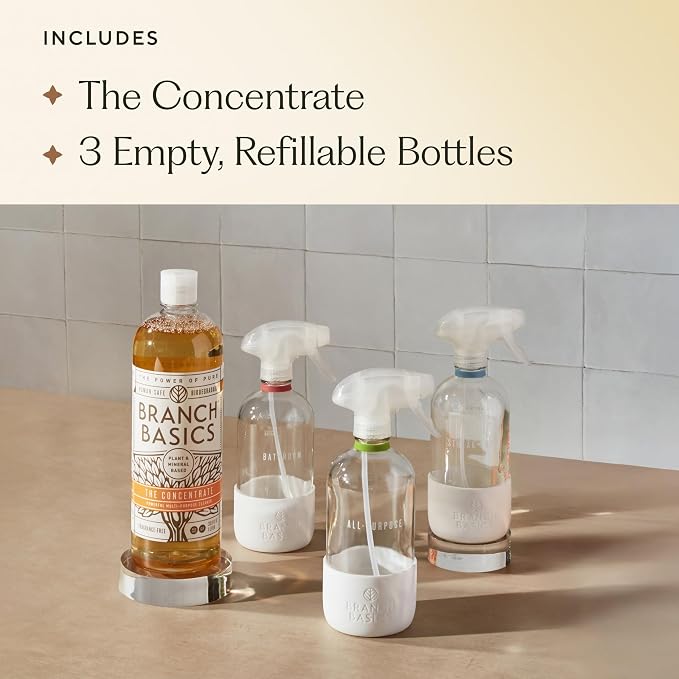 Branch Basics Cleaning Essentials Kit: All Purpose, Glass, Bathroom Cleaner | Plant-Based, Human-Safe, Fragrance-Free. Comes with Concentrate (33.8 oz) + Refillable Glass Bottles (16 oz). 24 Refills