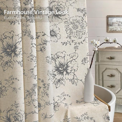 Farmhouse Floral Linen Shower Curtain, Vintage Grey Pattern Rustic Shower Curtains for Bathroom, Dark Gray,72x72