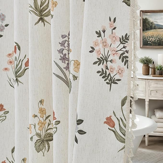 ORTIGIA Linen Textured Shower Curtain with Tassels,Vintage Floral Boho Cottagecore Waterproof Bath Curtain Metal Hooks for Rustic Farmhouse Bathroom Decor 72x72 Inch