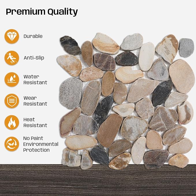 Pebble Tile for Shower Floor, Brown Sliced Stone Pebble Mosaic Tile | Stain Resistant 12"x12" Stone Backsplash for Kitchen, Fireplace Surround & Spa Wall Decor Outdoor Areas and Garden Path 5SqFt