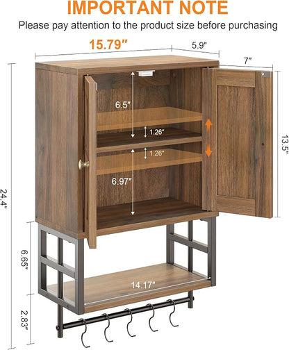 Bathroom Wall Cabinet, Farmhouse Medicine Storage with Towel Bar, Walnut | 2 Doors & Adjustable Shelves 5 Hooks, 3-Tier for Over-Toilet, Laundry, Living, Bedroom, Kitchen, Space Saving