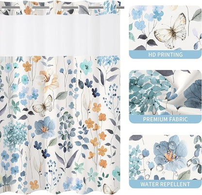 Litabel No Hook Blue Watercolor Floral Shower Curtain and Liner Set, 72x86 | Spring Flower Shower Curtains with Snap-in Liner for Farmhouse Bathroom Decor, Botanical Bathroom Curtain with Leaves