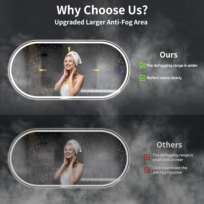 Oval LED Bathroom Mirror, 20"x 48" Frameless Lighted Mirror | LED Mirror with Front Light & Backlit, Anti-Fog, Dimmable Wall Mounted Lighted Mirror, Pill-Shaped Smart Bathroom Mirror