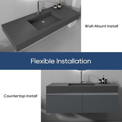 SJ Star&Jane 48" x 19" Solid Surface Bathroom Sink, Wall-Mount or Countertop Vessel Sink, Rectangle Floating Vanity Sink in Gray, Durable Modern Design