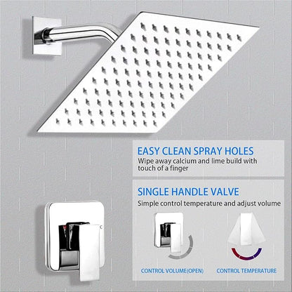 Chrome Shower Faucet GGStudy Single Function Shower Trim Kit with Rough-in Valve Shower Set Bath Rainfall Shower Faucet System 8inch Square Stainless Steel Metal Shower Head