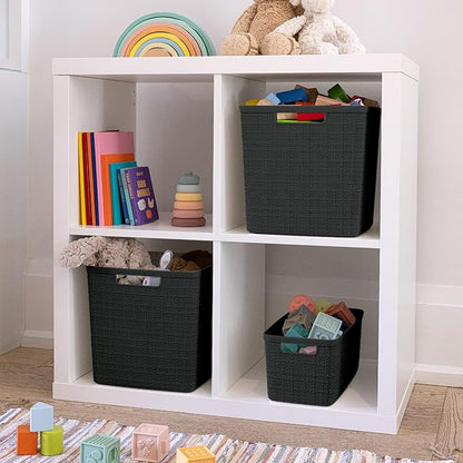 Curver Set of 8 Slim 6.8L Jute Decorative Plastic Organization and Storage Baskets - Perfect Bins for Home Office, Closet Shelves, Kitchen Pantry and All Bedroom Essentials, Black