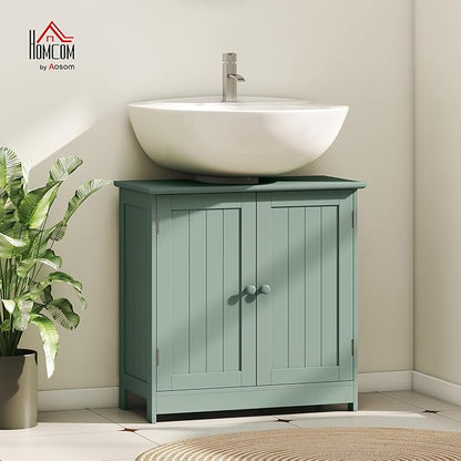 HOMCOM Under Sink Bathroom Cabinet, Pedestal Sink Storage Cabinet with 2 Doors, Shelf and U-Shape, Dark Green