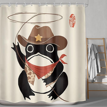 LGhtyro Funny Cowboy Frog Shower Curtain Bathroom Set 71Wx71H Inches Retro Western Rodeo Animal Cute Hat Asian Traditional Japanese Art Bath Accessories Black Beige Art Home Decor Fabric 12 Pack Hooks