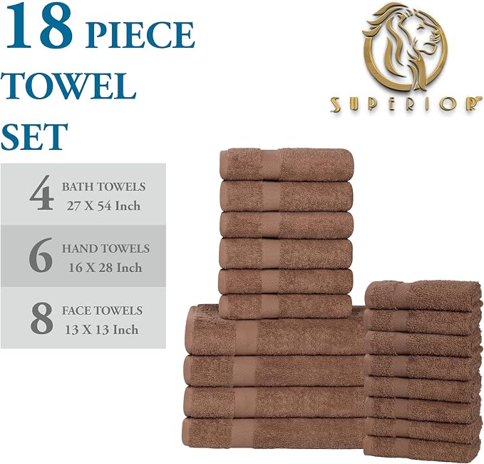 SUPERIOR 18-Piece Cotton Assorted Towel Set, Includes 8 Face Towel, 6 Hand, and 4 Bath Towels, Home, Bathroom, Guest Bath Essentials, Quick Dry, Absorbent, Franklin Collection - Latte