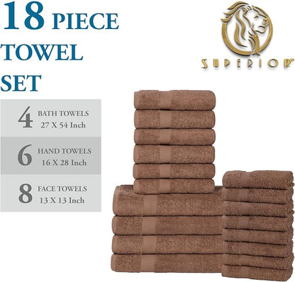 SUPERIOR 18-Piece Cotton Assorted Towel Set, Includes 8 Face Towel, 6 Hand, and 4 Bath Towels, Home, Bathroom, Guest Bath Essentials, Quick Dry, Absorbent, Franklin Collection - Latte