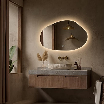 Keonjinn Irregular Bathroom Mirror with Lights 48" x 30", Tempered Glass | Asymmetrical Backlit Bathroom Mirror, Stepless Dimmable with 3 Colors, Fast Defogging, Memory Function, Plug-in/Hardwired