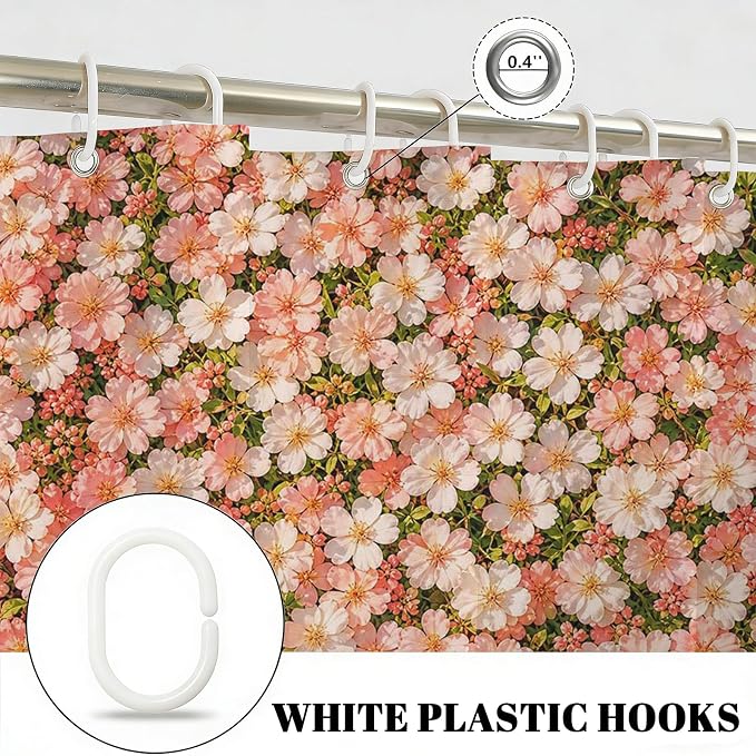 Floral Shower Curtain Pink Farmhouse Flowers Shower Curtain 72 X 72 Inch | with Waterproof Washable Bath Curtain for Boho Floral Bathroom Decor