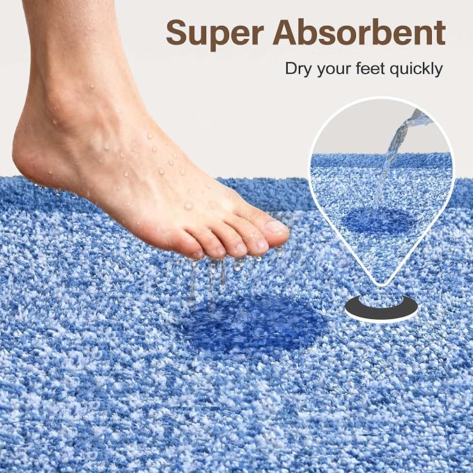 Toilet Rugs U-Shaped 24x19, Non-Slip Plush Shaggy Quick Dry Bathroom Contour Rugs, Extra Soft Absorbent Chenille Washable Bath Mat for Toilet Base, Blue