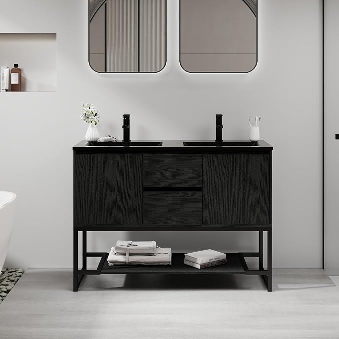 LUCKWIND 48" Modern Bathroom Vanity with Dual Black Sink Combo, Freestanding Storage Cabinet with Metal Frame, Water-Saving Faucet and Open Shelf and 2 Soft-Closing Door, Black