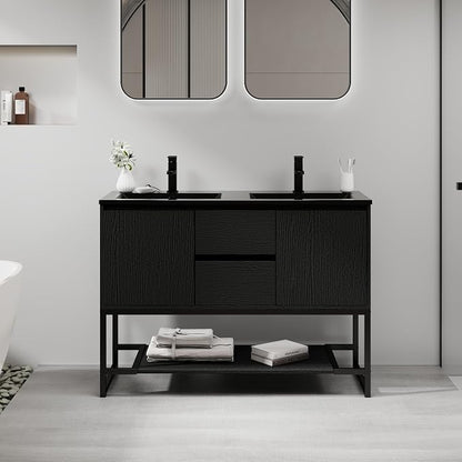LUCKWIND 48" Modern Bathroom Vanity with Dual Black Sink Combo, Freestanding Storage Cabinet with Metal Frame, Water-Saving Faucet and Open Shelf and 2 Soft-Closing Door, Black