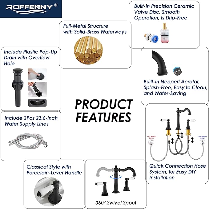 Porcelain 2-Handle Bathroom Faucet Matte Black 8 inch Widespread with Plastic Pop-Up Drain & 2Pcs Water Supply Lines, Classical 3-Hole Vanity Sink Faucets, High Arc 360° Swivel Brass Spout