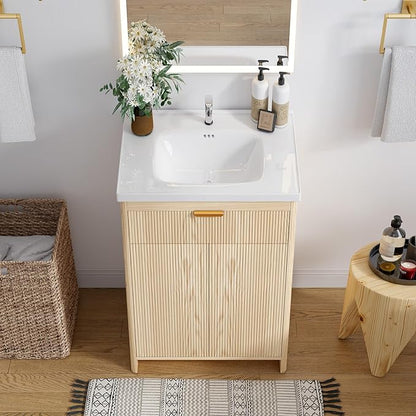 Bathroom Vanity with Sink, 24 Inch Single Bathroom Vanity with Sink with Storage Cabinet for Small Space, Freestanding Storage Bathroom Vanity with 2 Soft Closing Cabinets, Nature Wood